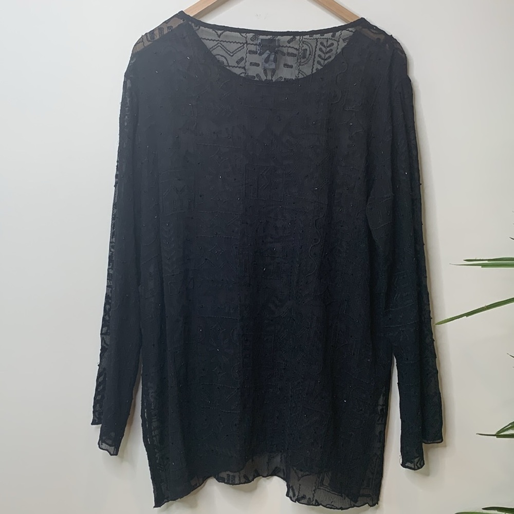 Chico’s | Black Silk Beaded Sheer Bell Sleeve Textured Embroidered Tunic Top 2 M - Picture 7 of 17